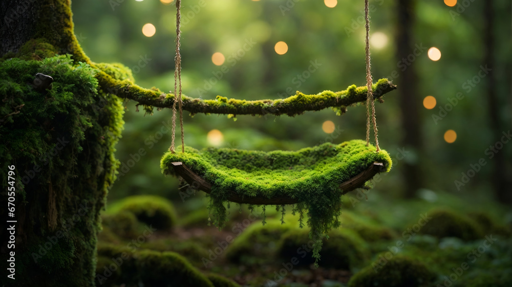 Moss fur swing on the branch whit effects of small led lights - obrazy, fototapety, plakaty 