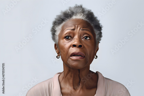 African American person with interested emotion, head and shoulders portrait on light gray background. Neural network generated image. Not based on any actual person or scene.