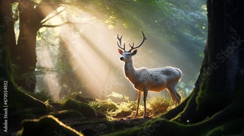 A white deer captured in a forest glade, bathed in the morning sunlight.