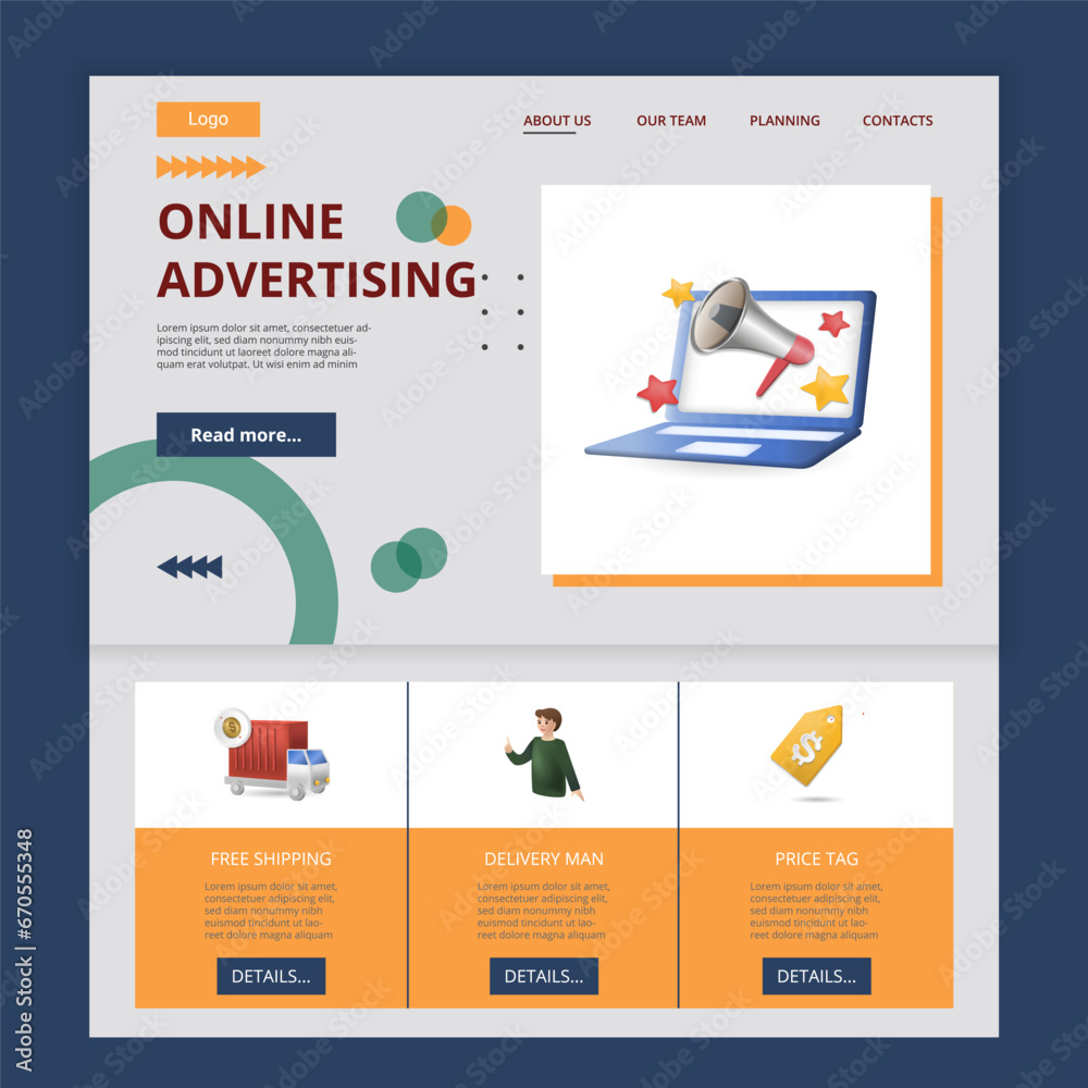 Online advertisment flat landing page website template. Free shipping, delivery man, price tag. Web banner with header, content and footer. Vector illustration.