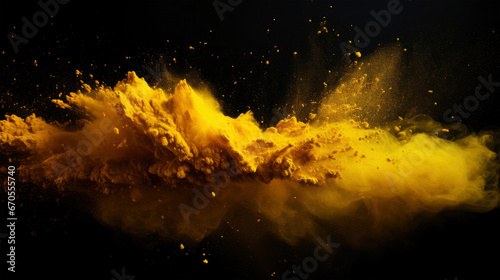 Exlosion of yellow colored moved powder or smoke on black background, texture