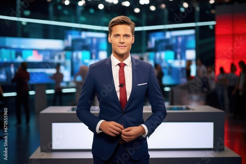 Professional male presenter reporting on current events in news studio live on tv