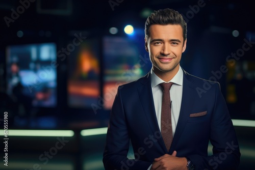 Professional male presenter reporting on current events in news studio live on tv photo