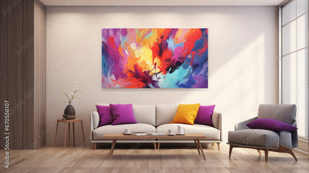 Room with small sofa or couch with purple and yellow pillow, armchair on the right, colorful painting on the wall, table, simple modern room design Room with small sofa or couch with purple and yellow pillow, armchair on the right, colorful painting on the wall, table, simple modern room design