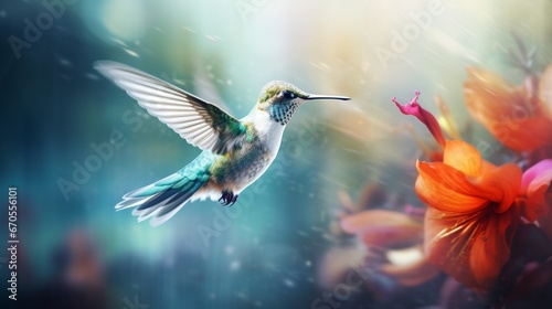 A white hummingbird, wings a blur, hovering by a vibrant flower.