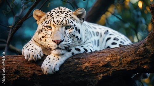 A white jaguar lounging on a tree branch  exuding elegance and power.