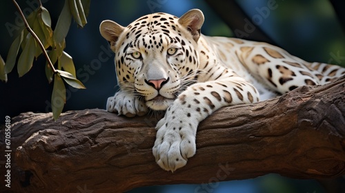 A white jaguar lounging on a tree branch  exuding elegance and power.