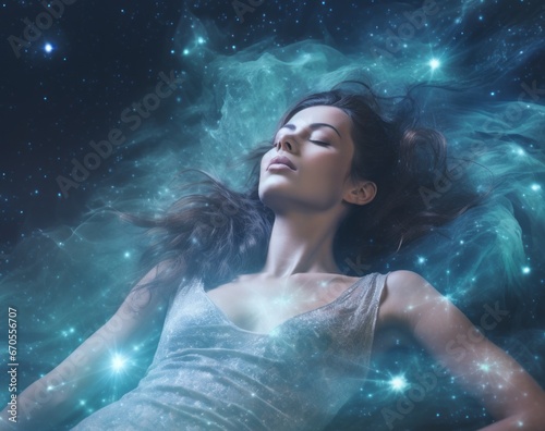 a woman lying down with stars in her hair
