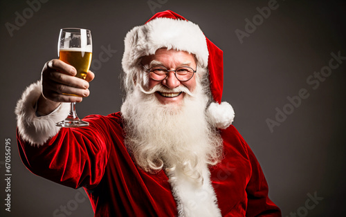 Smiling ruddy Santa Claus drinking a glass of beer