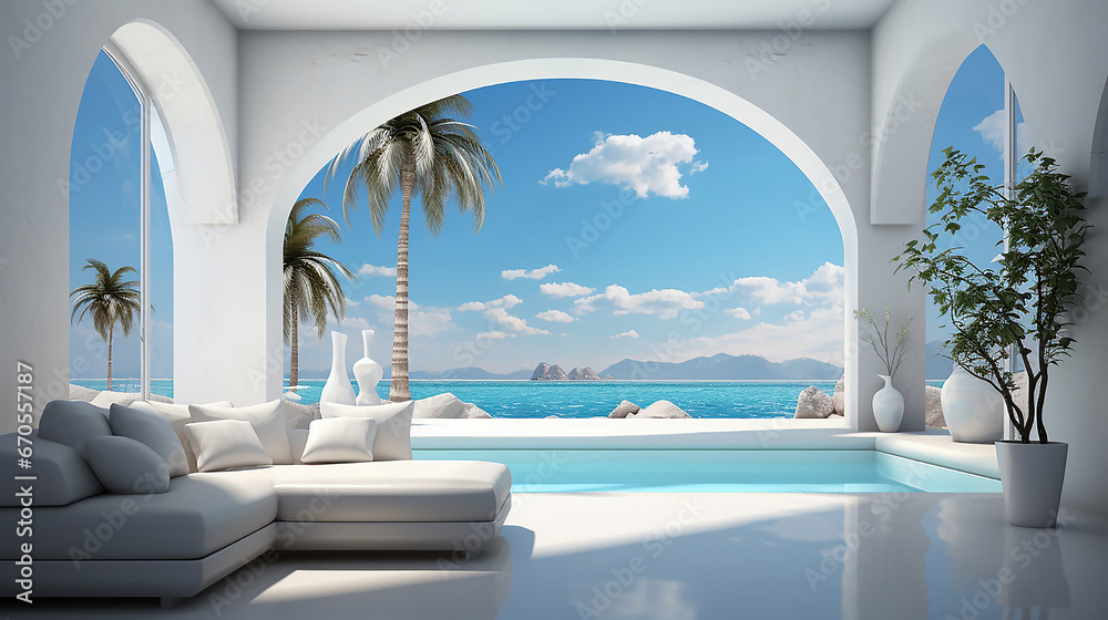 Fototapeta premium Luxury meeting room with panoramic view . Presentation and corporate concept. 3D Rendering