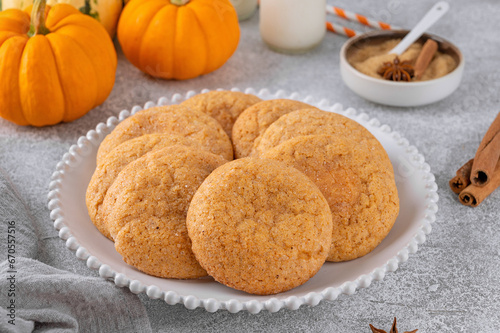 Pumpkin cinnamon cookies with cream cheese filling. Pumpkin snickerdoodle cookies. Food for Thanksgiving or Halloween.