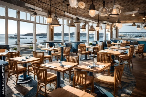 an inviting, coastal-themed restaurant with seaside views, nautical decor, and fresh seafood on the menu.