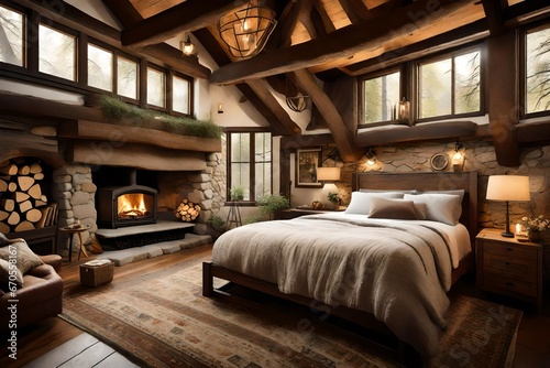 a cozy, rustic bedroom with  wooden beams, a stone fireplace, and plush, earth-toned bedding. © Muhammad