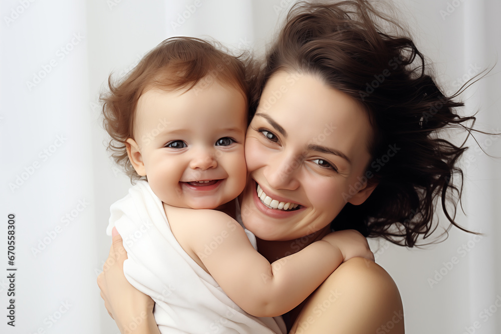 Le portrait d'une femme brune jeune et jolie tenant son enfant dans les bras, maman aimante, souriante et heureuse. Le portrait d'une femme brune jeune et jolie tenant son enfant dans les bras, maman aimante, souriante et heureuse.
