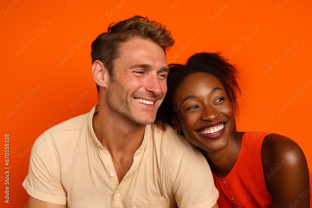 Le portrait d'un jeune couple mixte amoureux et souriant sur un fond isolé de couleur orange. Le portrait d'un jeune couple mixte amoureux et souriant sur un fond isolé de couleur orange.