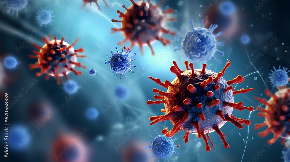 The immunotherapy medical approach, featuring floating viruses in a microscopic view. The image illustrates the concept of using the bodys immune system to fight diseases, particularly cancer. - obrazy, fototapety, plakaty 