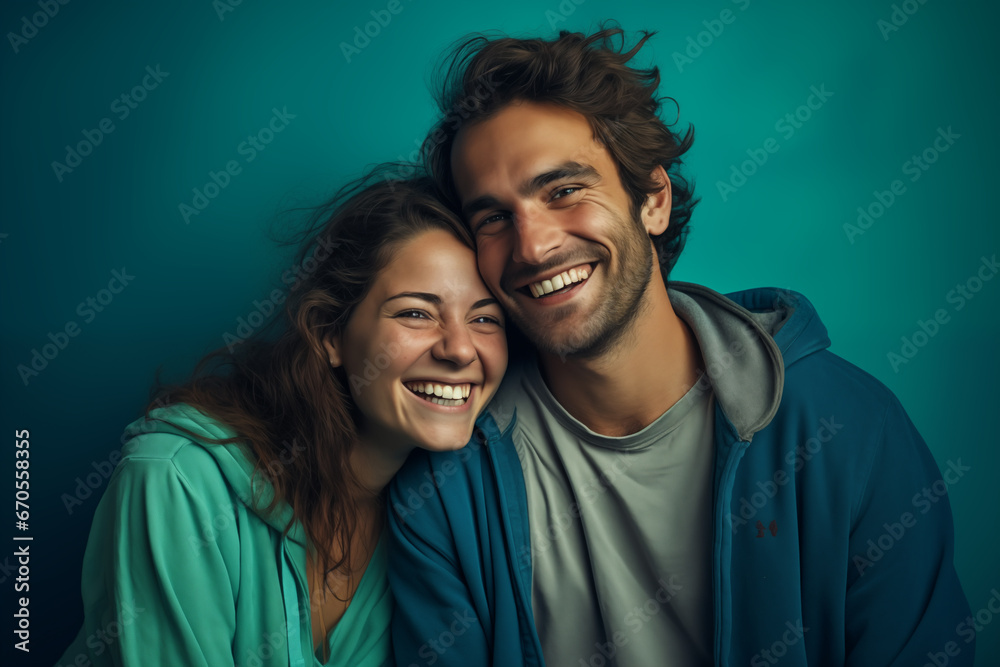 Un couple homme femme âgé de 30 ans, amoureux, complice et souriant, sur un fond isolé vert . Un couple homme femme âgé de 30 ans, amoureux, complice et souriant, sur un fond isolé vert .
