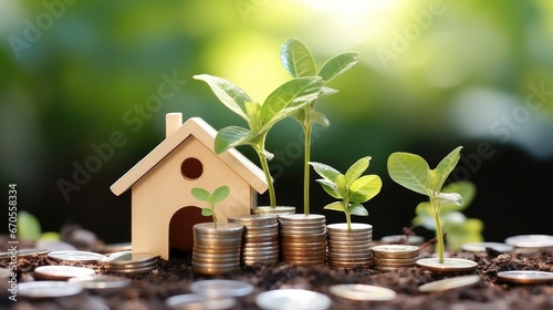 Plant growing on stack of coins money and Model house on natural green background, Finance, Interest rates and Banking concept.