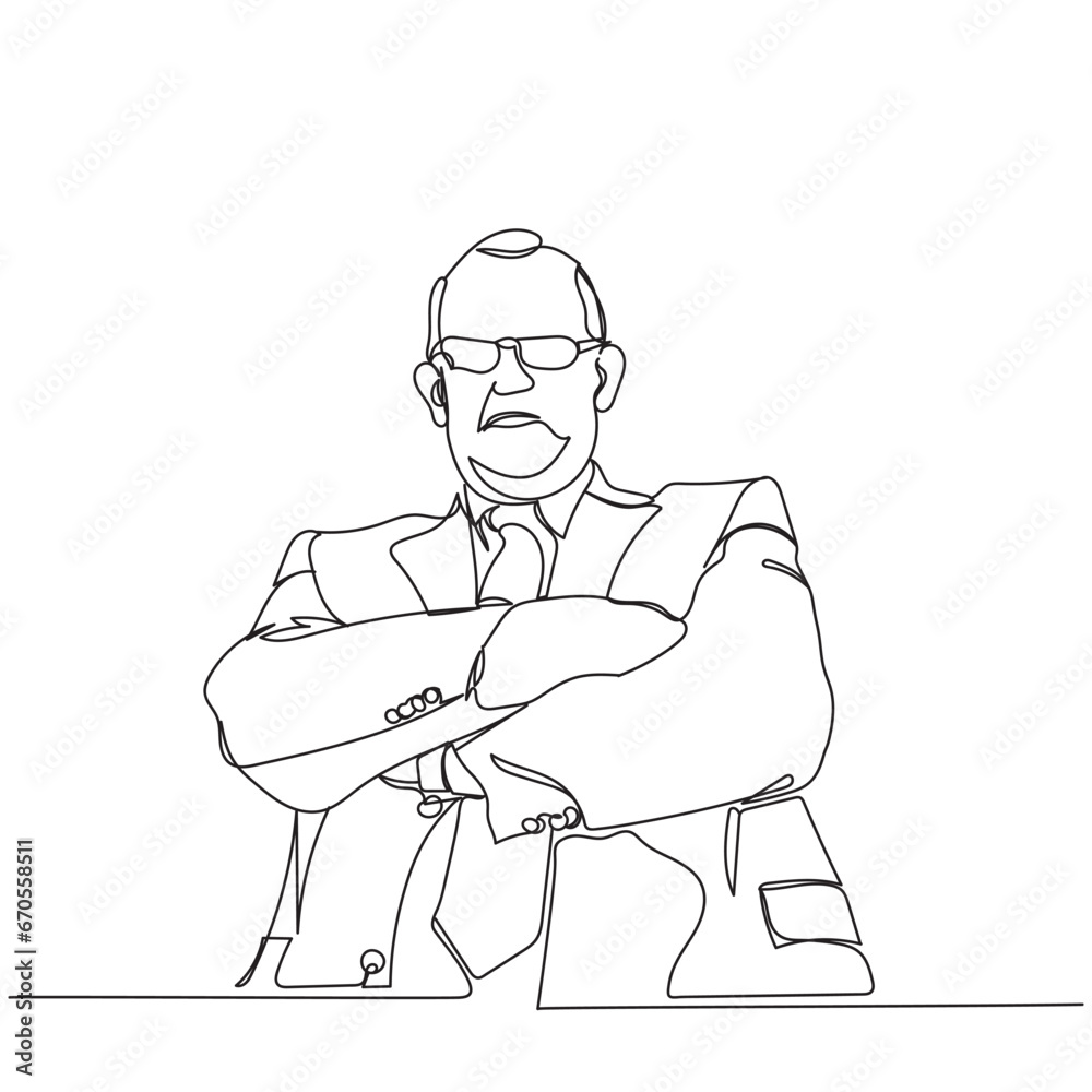Grumpy boss. World boss' day. Old angry manager. Frustrated man. Angry middle aged man . Line art of typical mean boss. Business setting. Grumpy teacher. Serious lppking people vector art. hands cross