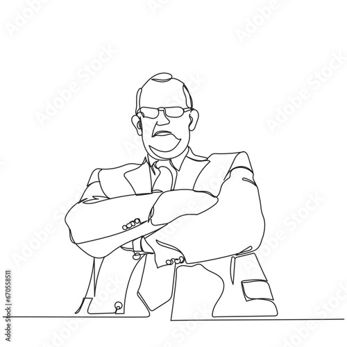Grumpy boss. World boss' day. Old angry manager. Frustrated man. Angry middle aged man . Line art of typical mean boss. Business setting. Grumpy teacher. Serious lppking people vector art. hands cross