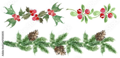 Set of Christmas holiday garlands. A garland of coniferous branches with brown cones, of berries and holly leaves and of lingonberry branches with red berries. hand-drawn watercolor illustration