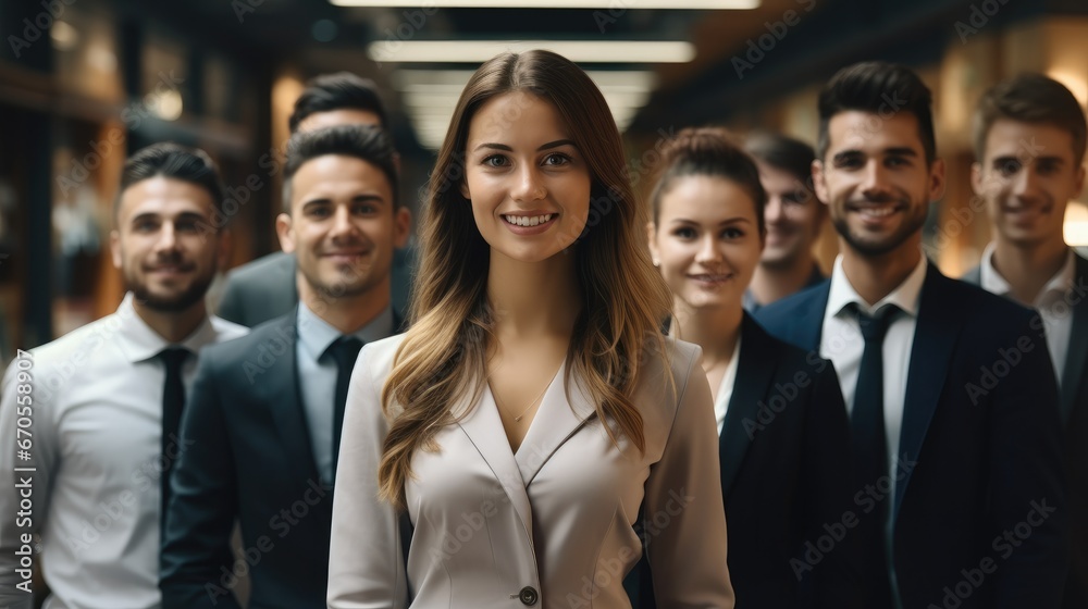 Diverse professional leaders looking at camera stand with employees. Diverse professional leaders looking at camera stand with employees.