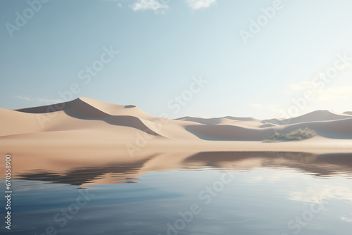 Product display on surreal desert background. Podium showcase on sand dunes  water lake. Empty space