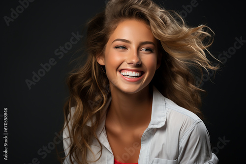 Fashion portrait, Beautiful blonde haired girl, smiling happily.