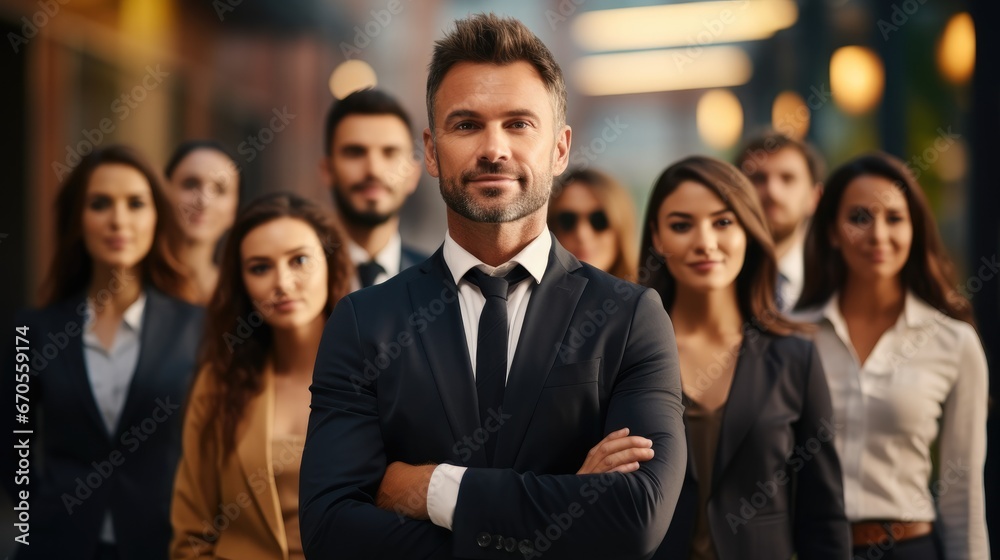 Successful Mixed Race Team, Boss And Business People Group With Mature Leader On Foreground In Office, Leadership Concept. Successful Mixed Race Team, Boss And Business People Group With Mature Leader On Foreground In Office, Leadership Concept.