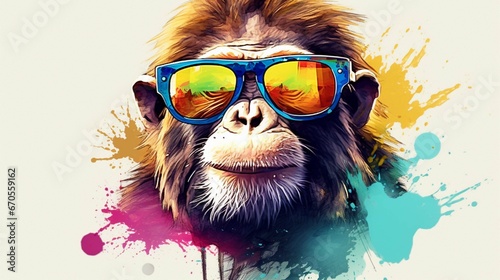 Watercolor monkey wearing sunglasses  © Areesha