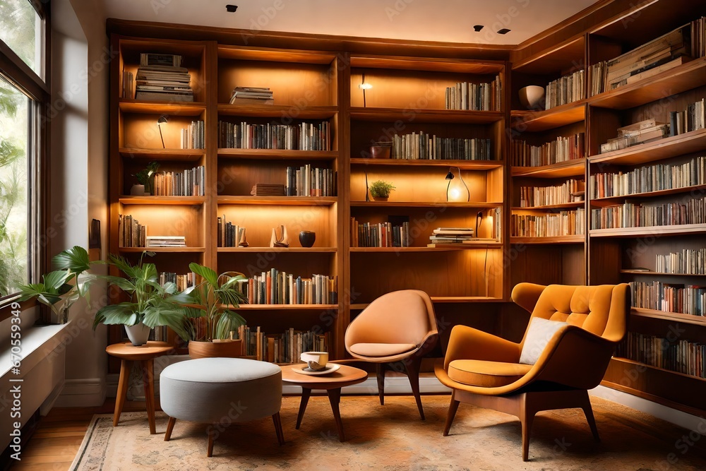 a cozy, Mid-Century Modern reading nook with teak bookcases, a retro armchair, and warm lighting. - obrazy, fototapety, plakaty 