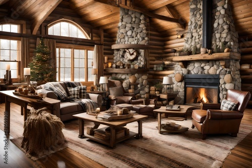 a cozy, winter cabin-inspired living room with a stone fireplace, plaid throws, and rustic decor.