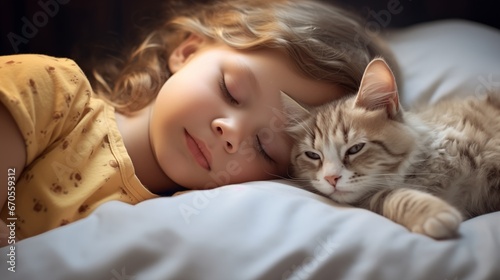 Kleines Mädchen liegt schlafend auf dem Kissen, eine Katze neben sich 