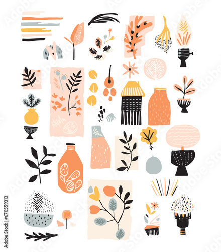 Midcentury modern botanical motif collection. Organic boho scandi vector graphics in matisse style illustration set. Group of whimsical floral 70s decorative shapes.