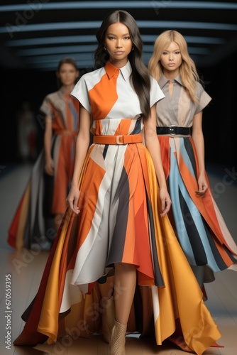 Models walk the runway in colorful skirts.