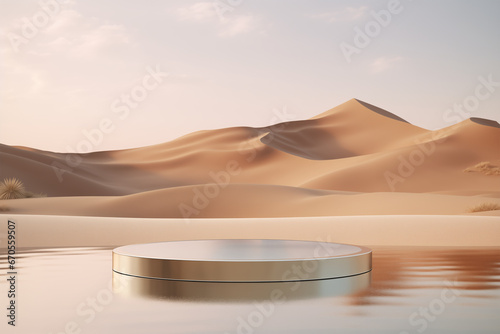 Product display on surreal desert background. Round podium showcase on sand dunes, water. Empty space