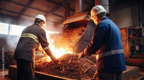Workers in a biomass power plant feeding wood chips into a furnace for energy production.