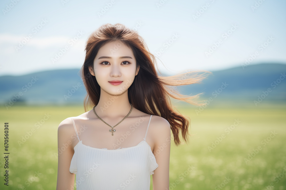 a Chinese girl, wearing a white dress, a necklace, a beautiful hairpin, a sweet smile, facing the camera, with the blue sky and grass as a background, gongbi, minimalist purity