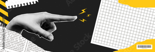 Banner for web site or social media. Trendy grunge collage style with halftone hand. Torn sheets of paper, stickers and caution tape. Blank space for text. Modern vector design.