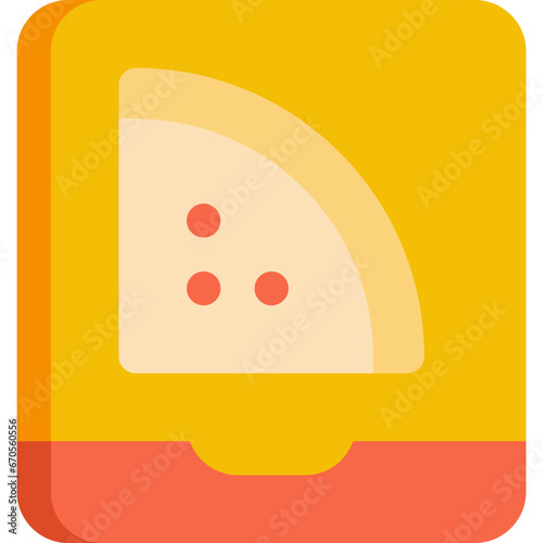 Pizza box in flat icon. Pizza slice, pizza delivery, box, packaging, fast food, food order