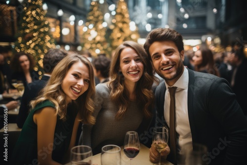 A group of company employees celebrating a holiday party.