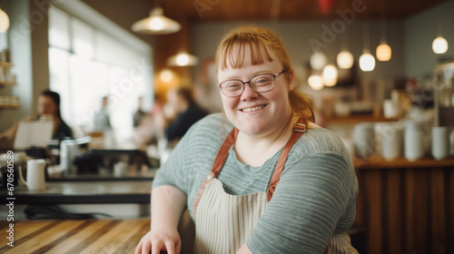 A cheerful coffee shop employee with Down syndrome, standing at the bar, looking joyful and smiling. Happy woman with an intellectual disability working at a local coffee shop photo