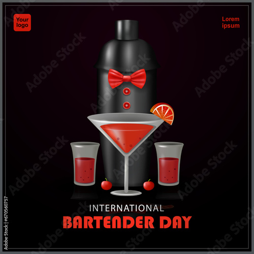 Bartender day. Creative concept Cocktail with bar shaker wearing bow tie. 3d vector, suitable for business events and advertising photo