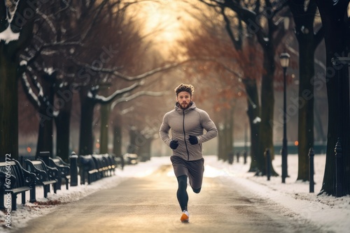 Athletic man running in a park. New year resolutions.