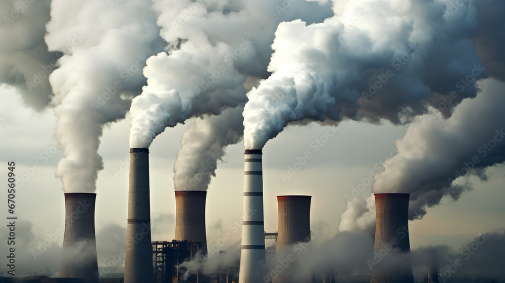 Industrial power plant with thick CO2 smoke from chimney. Pollution and carbon dioxide emissions footprint from fossil fuel burning. Global warming cause and urban environment problem from factories. Industrial power plant with thick CO2 smoke from chimney. Pollution and carbon dioxide emissions footprint from fossil fuel burning. Global warming cause and urban environment problem from factories.