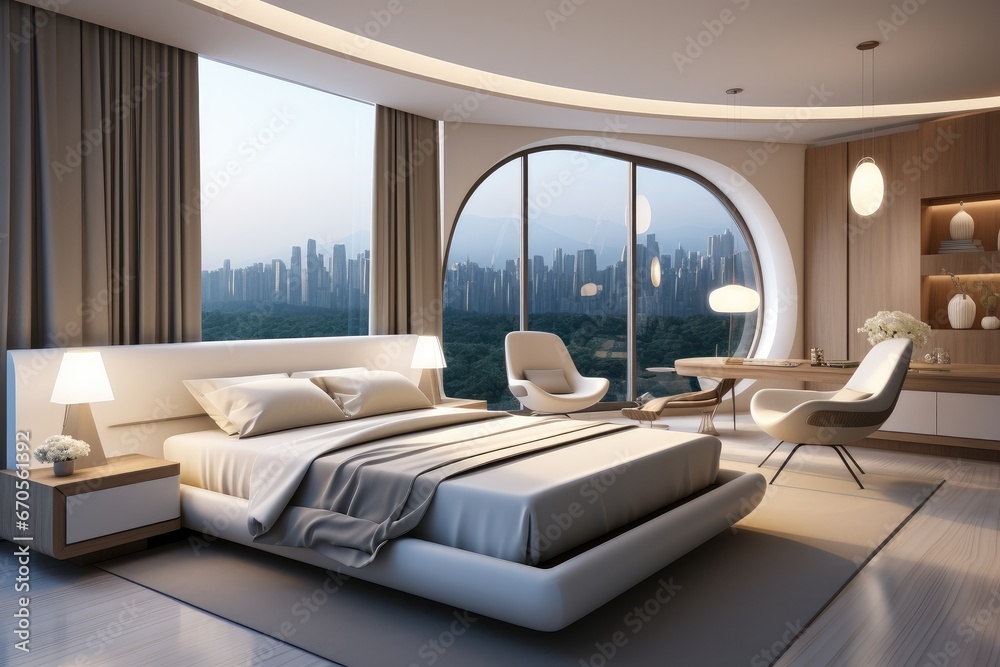Fototapeta premium Beautiful contemporary bedroom, upscale.