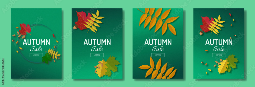 Set of elegant Autumn poster, invitation, postcards and frame leaflet, brochure cover or web banner. Vector illustration voucher template with colorful leaves