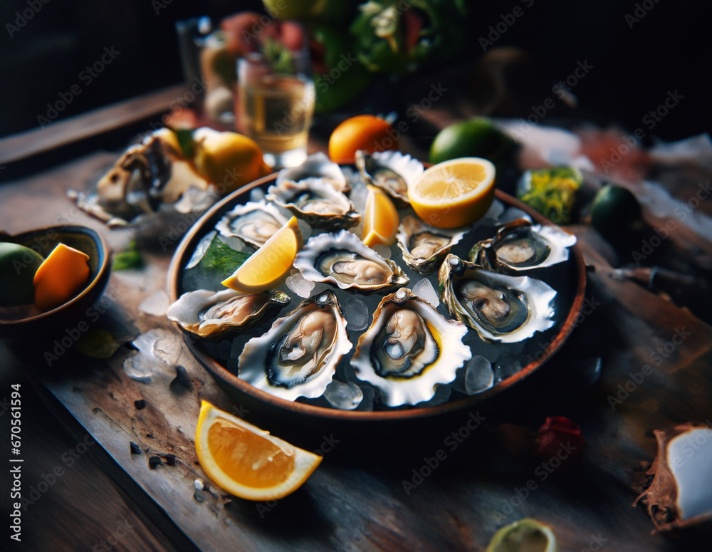 Fresh Oysters on Ice with Lemon Wedges