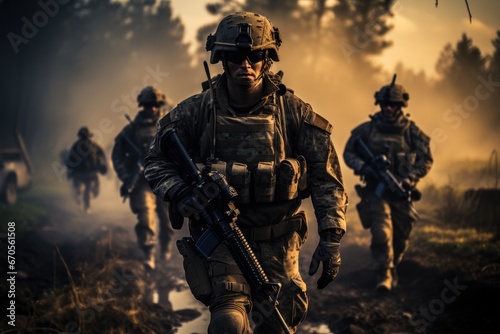 Group of special forces soldiers on war.