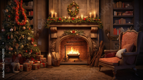 Lovely little fireplace with christmas decor in living room. Straight view of room. Nice warm light and moody tones. © Hans